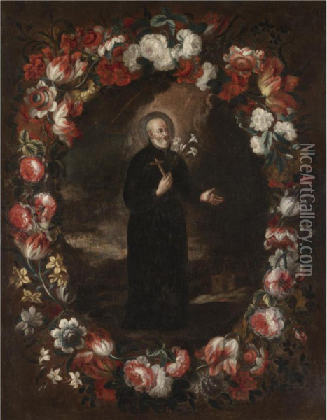 Saint Francis Xavier Surrounded By A Garland Of Flowers Oil Painting - Gabriel De La Corte