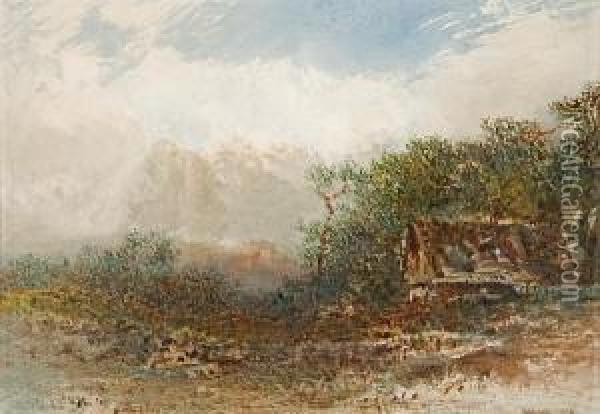 Cabin In A Mountainous Landscape Oil Painting - Otto Reinhard Jacobi