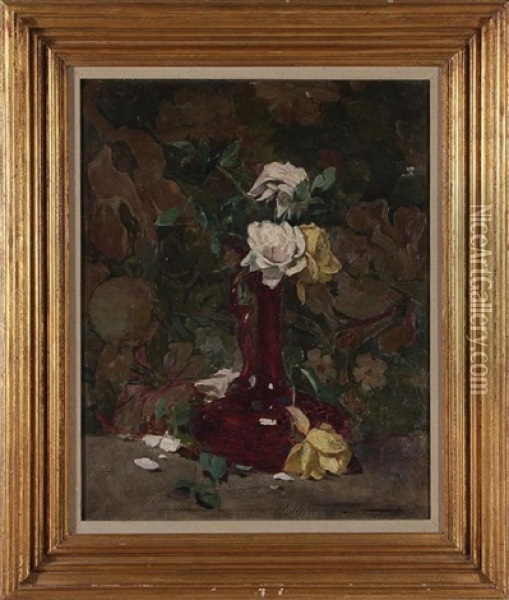 Still Life Of Roses In Vase Oil Painting - Emil Carlsen