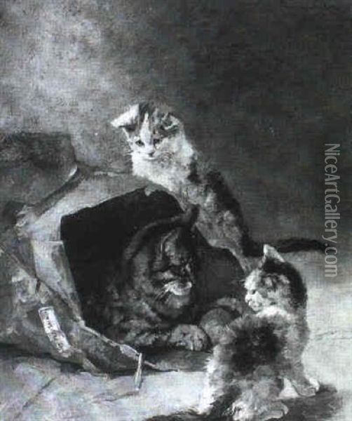 Eine Katzenmutter Spielt Mit Ihren Zwei J_ngsten Oil Painting - Clemence Nielssen