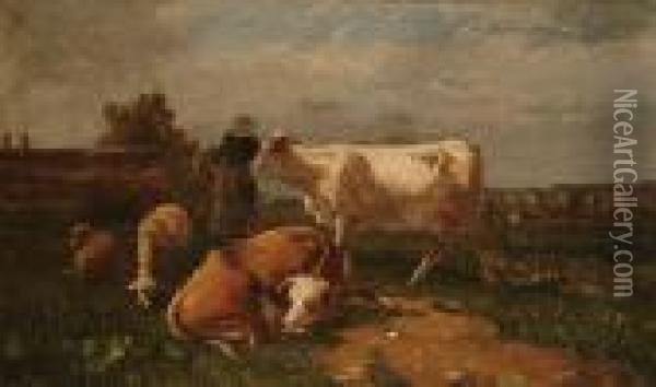 Cattle Watering; Cattle And Sheep In A Pasture Oil Painting - Antonio Cordero Cortes