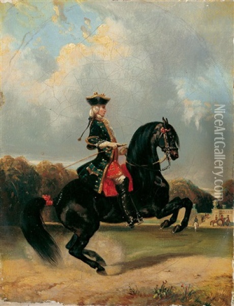 Ein Reiter Im Kostum Des 18. Jahrhunderts Vor Der Terrasse Eines Schlosses Oil Painting - Henri d'Ainecy Montpezat