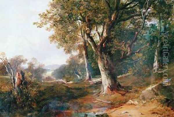 A Wooded Landscape with Castle in Distance 1865 Oil Painting - Horatio McCulloch