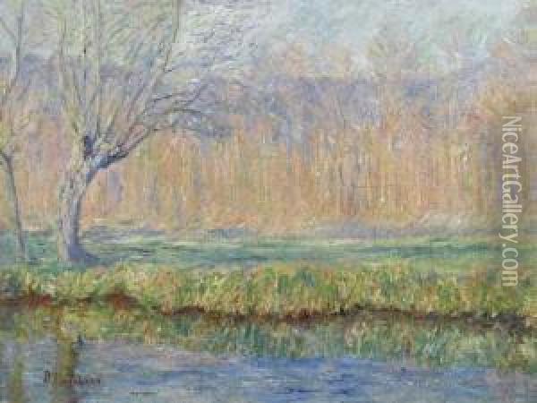 Bank Of The Ept In Giverny. Circa 1885. Oil Painting - Blanche Hoschede-Monet