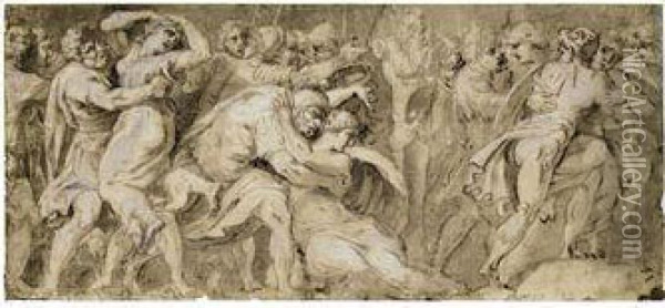 The Rape Of The Sabine Women Oil Painting - Polidoro Da Caravaggio (Caldara)