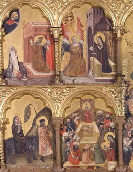 Polyptych of the Dormition of the Virgin, detail of St. Gregory the Great 540-604 Praying for the Deliverance of the Soul of Trajan 53-117 from Purgatory, the Annunciation, the Flight into Egypt and Jesus with the Doctors Oil Painting - Jacopino di Francesco Pseudo