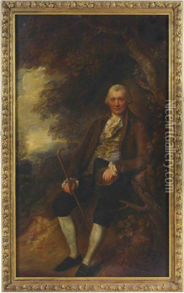 Portrait Of John Wilkinson, 
Seated Full-length, In A Brown Coat, A Stick And Hat In His Hands, In A 
Landscape Oil Painting - Thomas Gainsborough