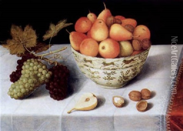 Stilleben Von Weintrauben Und Nussen Sowie Apfeln Und Birnen In Einer Chinesischen Wang Li Schale Oil Painting - Pieter Binoit