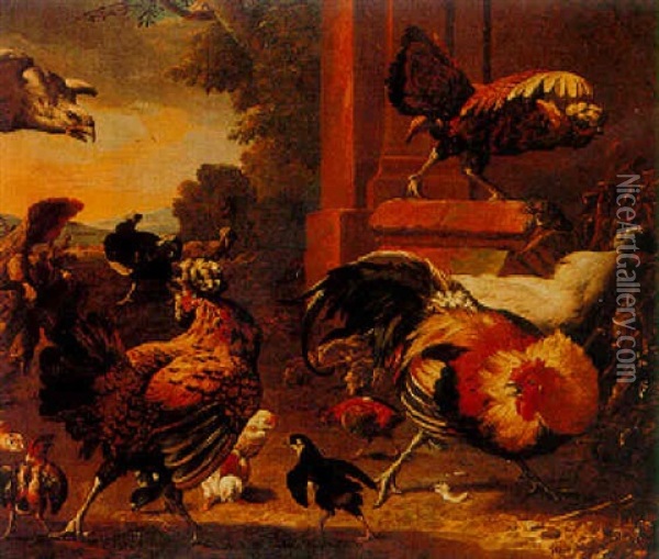 Pigeon, Chicks, Hens And Other Poultry In A Landscape Oil Painting - Melchior de Hondecoeter