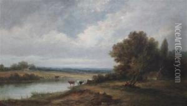 Cattle Watering In A Landscape Oil Painting - Alfred Vickers