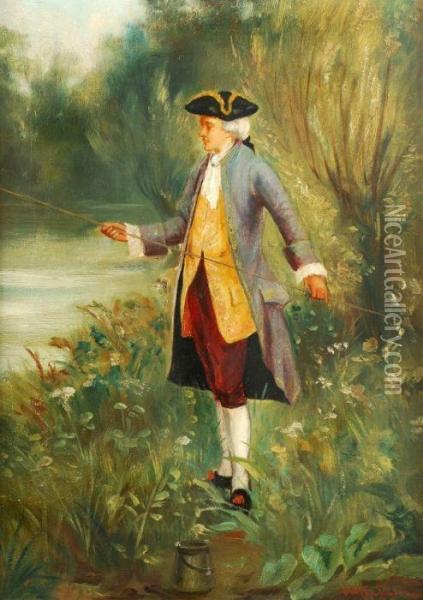 A Gentleman In 18th Century Dress Fishing By A River Oil Painting - David W. Haddon