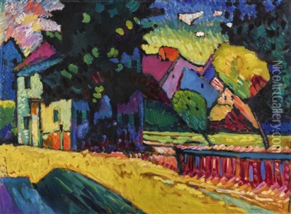 Murnau - Landschaft Mit Grunem Haus (murnau - Landscape With Green House) Oil Painting - Wassily Kandinsky
