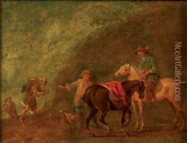 Cavaliers A Cheval Demandant Leur Chemin Oil Painting - August Querfurt