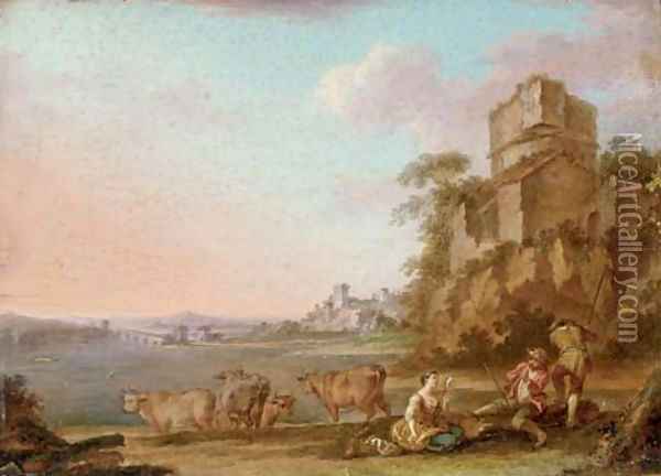 An Italianate river landscape with figures making music, cattle beyond Oil Painting - Balthasar-Paul Ommeganck
