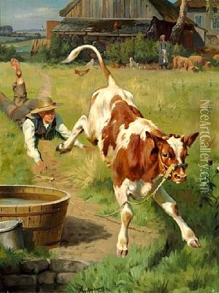En Glad Kalv. Skaane Oil Painting - Adolf Heinrich Mackeprang
