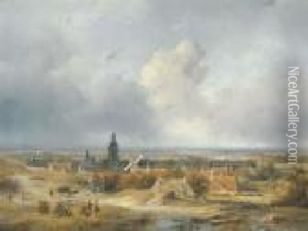 Summer In Holland: A Panoramic View Of A Village In The Dunes Oil Painting - Andreas Schelfhout