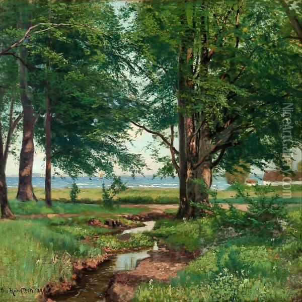 Forest Scene With A View To The Sea Oil Painting - Niels Hansteen