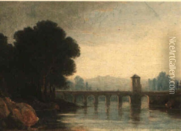 River Landscape With Bridge Oil Painting - John Varley the Elder