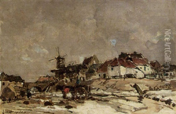 A View Of A Village With A Mill In Winter Time Oil Painting - Frans Langeveld