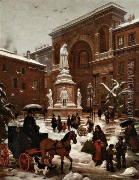 Veduta Di Piazza Della Scala Con Effetto Di Neve Cadente Oil Painting - Angelo Inganni