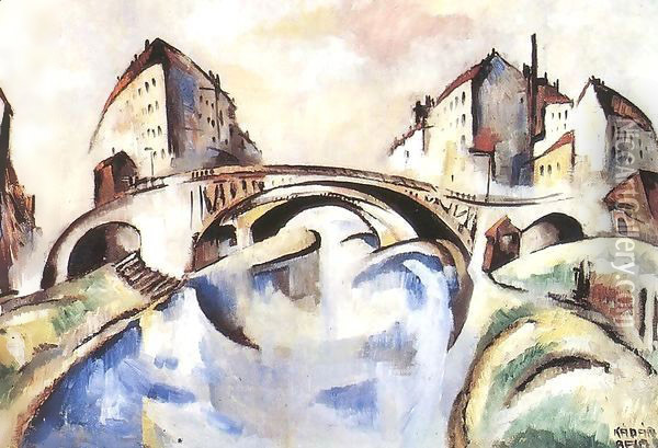 Cityscape with Bridge 1910s Oil Painting - Aurel Bernath