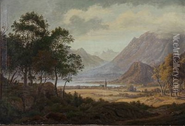Tyrolean Landscape At Kalterer See In Northern Italy Oil Painting - Frederik Christian Jacobsen Kiaerskou