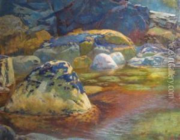 Rocks In Water Oil Painting - William Woodall