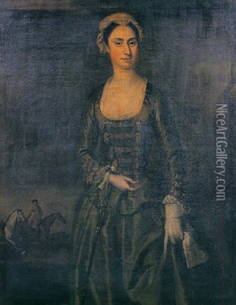 Portrait Of Miss Grace Catlin Of.....abbey, Chillesford, Suffolk, Wearing Green Riding Dress, White Kid Gloves, Holding A Whip Oil Painting - Herman van der Myn