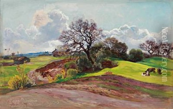 Landscape With Grazing Cows Oil Painting - Viggo Pedersen