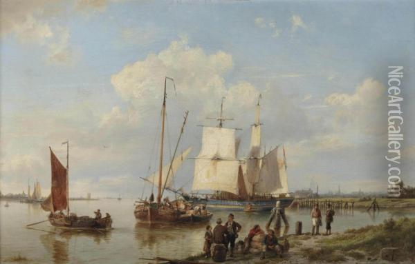 Shipping On A Calm Near An Estuary Oil Painting - Hermanus Koekkoek
