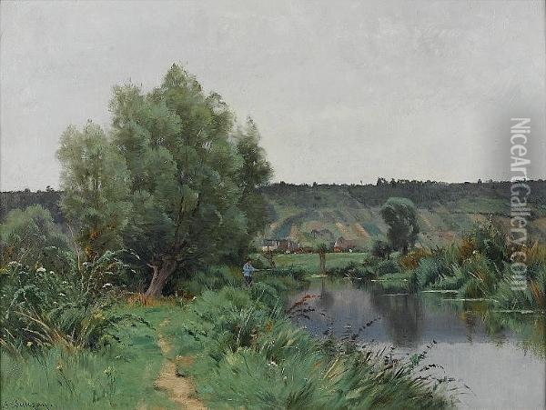 An Angler By A River Oil Painting - Adrien Jacques Sauzay