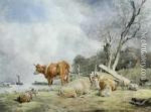 Cattle And Sheep Grazing On The Banks Of A Dutch River Oil Painting - Hendrikus van den Sande Bakhuyzen