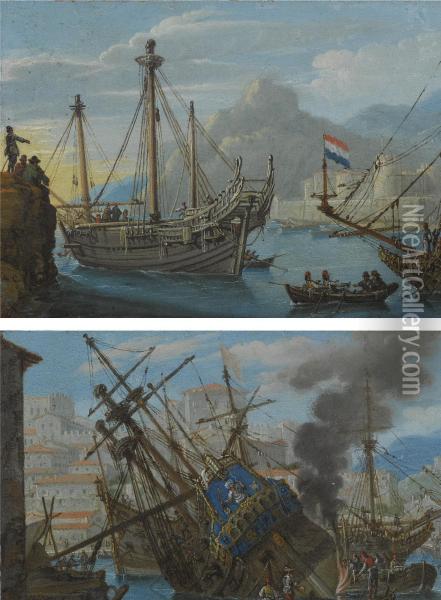 A Mediterranean Harbour With A Man-of-war Being Caulked; Dutch Merchant Ships Off A Rocky Coast Oil Painting - Abraham Casembroot