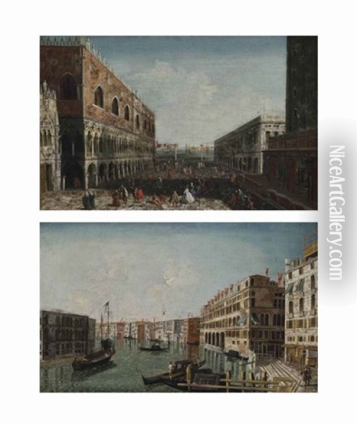 Saint Mark's Square And The Doge's Palace And A View Of The Grand Canal, Venice (a Pair) Oil Painting - Francesco Albotto