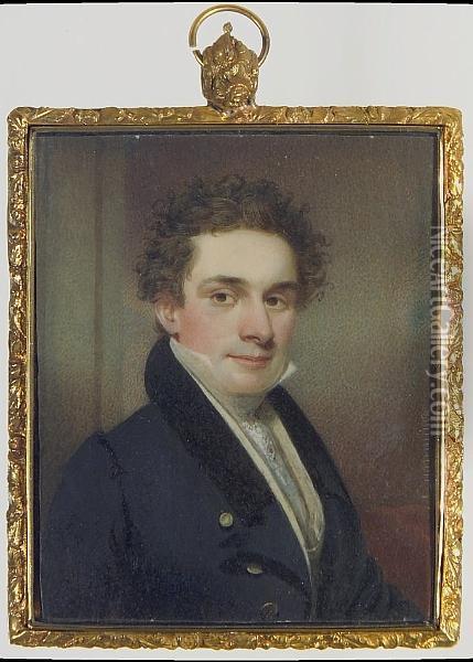 A Gentleman, Wearing Black Coat With Velvet Collar, Cream Waistcoat, White Chemise And Cravat Held With Stickpin. Oil Painting - Thomas Seir Cummings