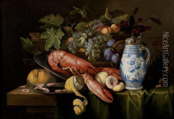Composition A La Corbeille De Fruits, Au Homard Et A La Bouteille En Faience De Delft Oil Painting - Alexander Coosemans