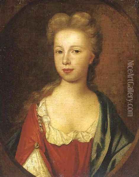 Portrait of a lady, small bust-length, in a red dress and green wrap Oil Painting - Sir Godfrey Kneller