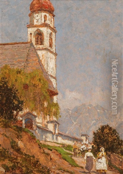 View Of A Village Church Oil Painting - Stefan Simony