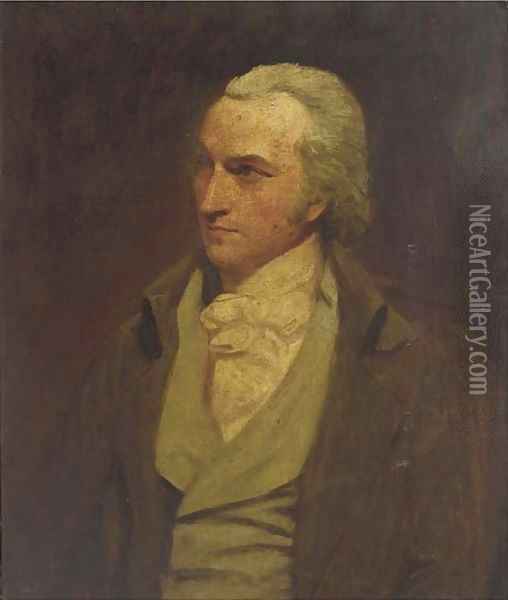 Portrait of a gentleman, half-length, in a brown coat and grey waistcoat Oil Painting - George Romney