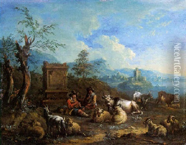 Shepherds Resting Near A Classical Tomb In An Italianate Coastal Landscape Oil Painting - Arnold Frans (Francesco) Rubens