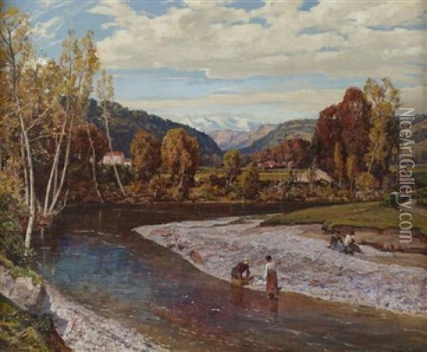 Washerwomen On The Banks Of A River, Italy Oil Painting - Sir Herbert Edwin Pelham Hughes-Stanton