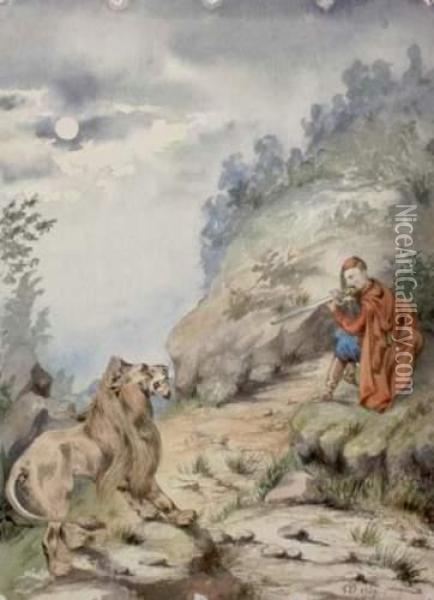 Homme Mettant Un Lion En Joue Oil Painting - Germain Dupac