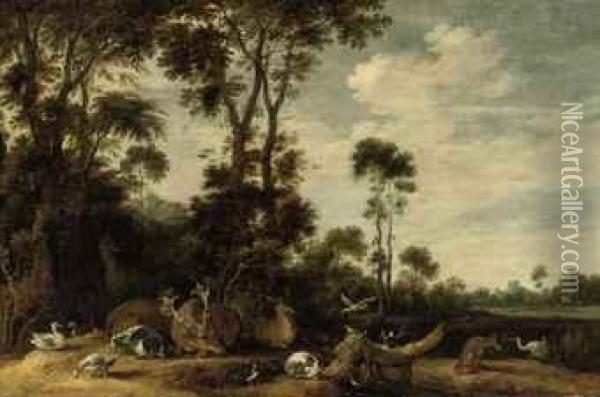 Deer, A Goat, A Fox, A Cat, Ducks And Other Birds In A Woodedlandscape Oil Painting - Gillis Claesz De Hondecoeter