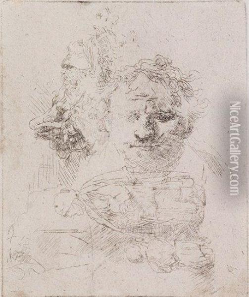 A Sheet Of Studies With The Head Of The Artist Oil Painting - Rembrandt Van Rijn