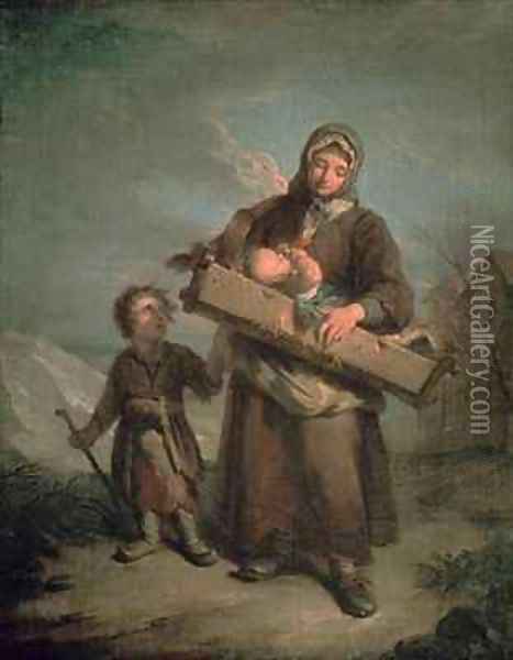 Poor Woman with Children Oil Painting - Jacques (Le Romain) Dumont