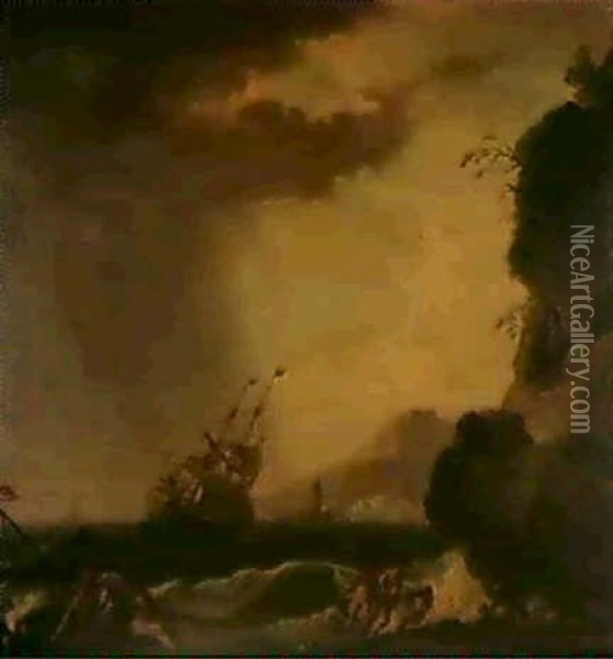 Vaisseau Pres D'un Rivage Rocheux Oil Painting - G. F. de LaCroix