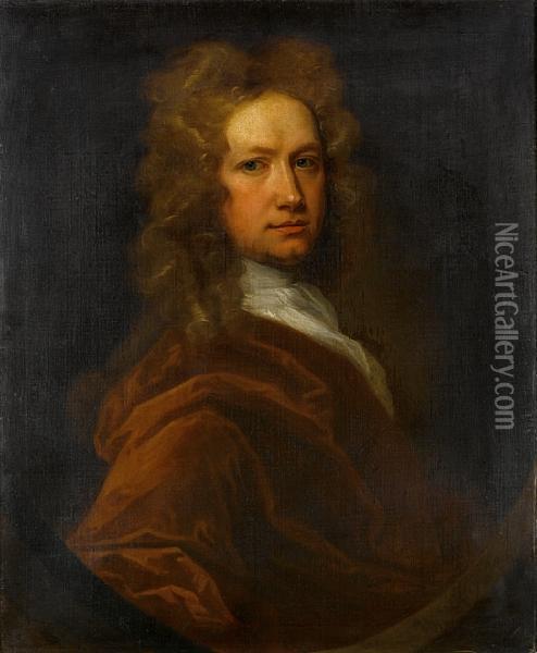Portrait Of A Gentleman Of The Gore Familybust-length, In Brown Costume With A White Jabot, Within A Paintedoval Oil Painting - James Latham