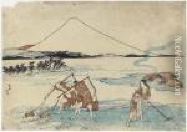 Two Prints, Men Gathering Salt, 
Buckets Suspended From Poles Acrosstheir Shoulders And A Woman Raking 
Salt In Shallow Water, Salt Hutsto The Right, Mount Fuji In The 
Background, From The Series Fujihakkei Zu (eight Views Of Mount Fuji), 
Signed Kat Oil Painting - Katsushika Hokusai