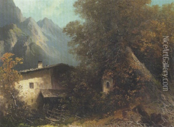 Bergbauernhof Im Herbstwald Oil Painting - Oskar Mulley