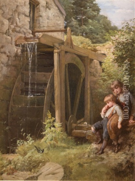 Zwei Kinder Beobachten Am Muhlrad Einen Vogel Oil Painting - Henry Lejeune